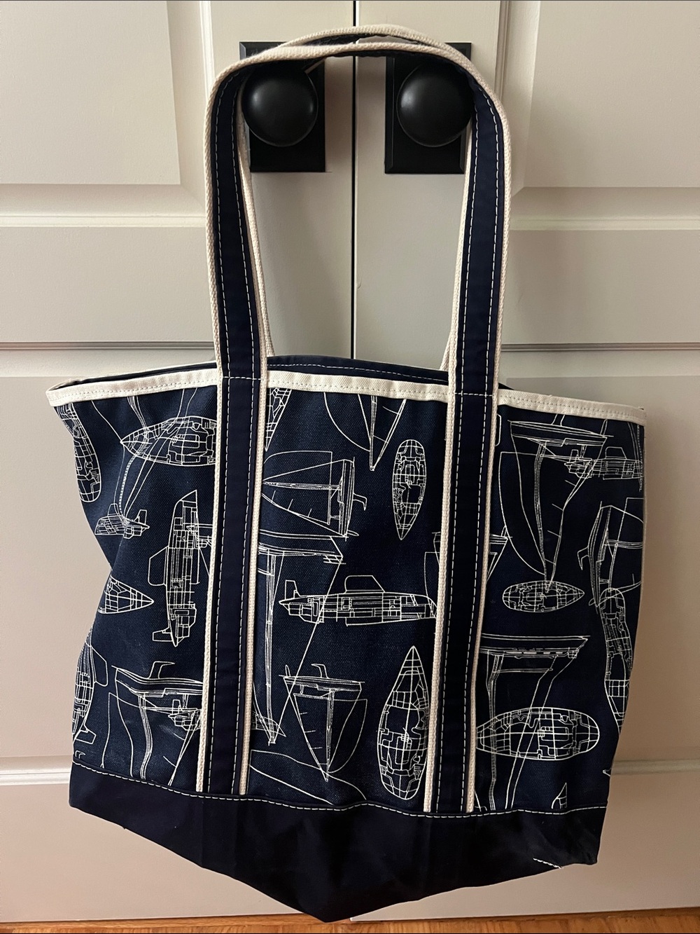 Vintage L.L. Bean Boat and Tote Nautical Boat Print Canvas Bag 1990s RARE